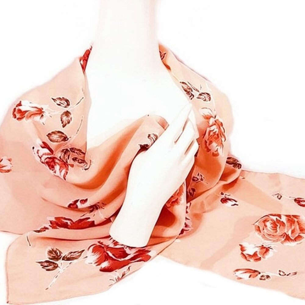 1990s True Vintage Very Long Pink Peach Scarf Stole Wrap With Red Roses Flowers